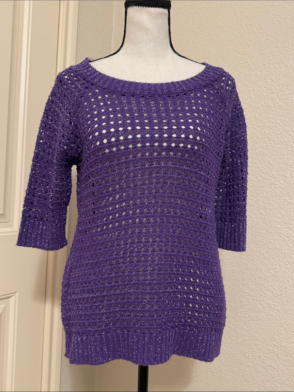 Women's Open-Knit Scoop Neck Sweater in Purple